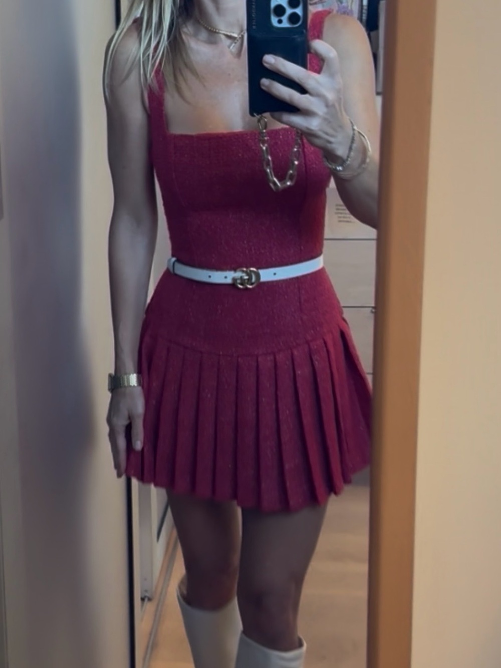 Square-Neck Red Pleated Mini Dress